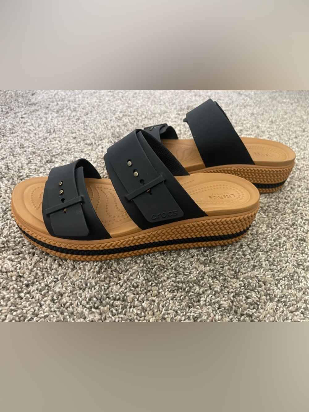 Women’s Crocs Brooklyn LiteRide Low Wedge Platform Sandals Slides Black Size 10